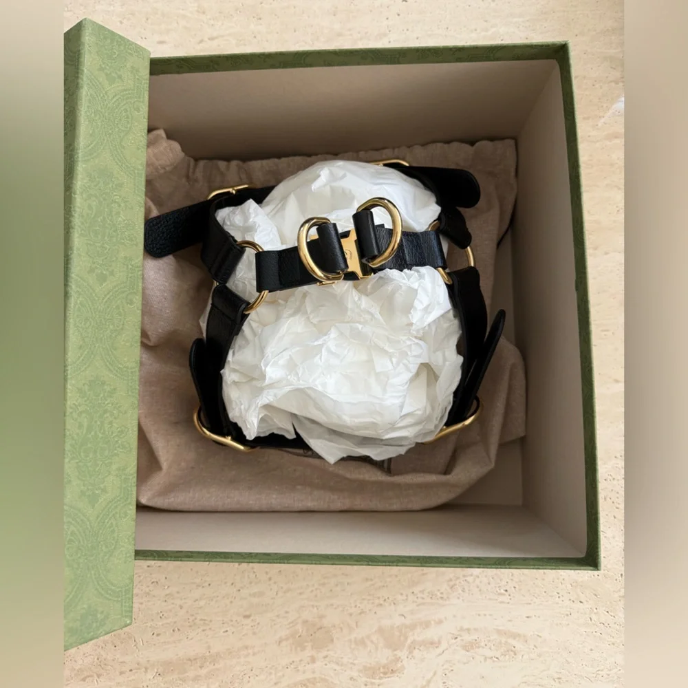 NWB Gucci GG Logo Leather Pet - Dog Black Harness Size L